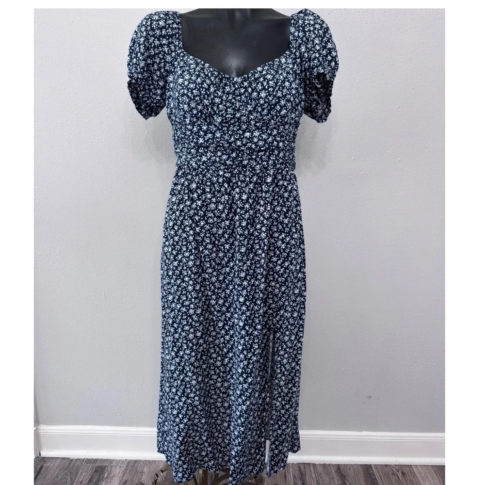 Hollister Puffed Sleeve Midi Dress Milkmaid Babydoll Women's L Smocked Coquette